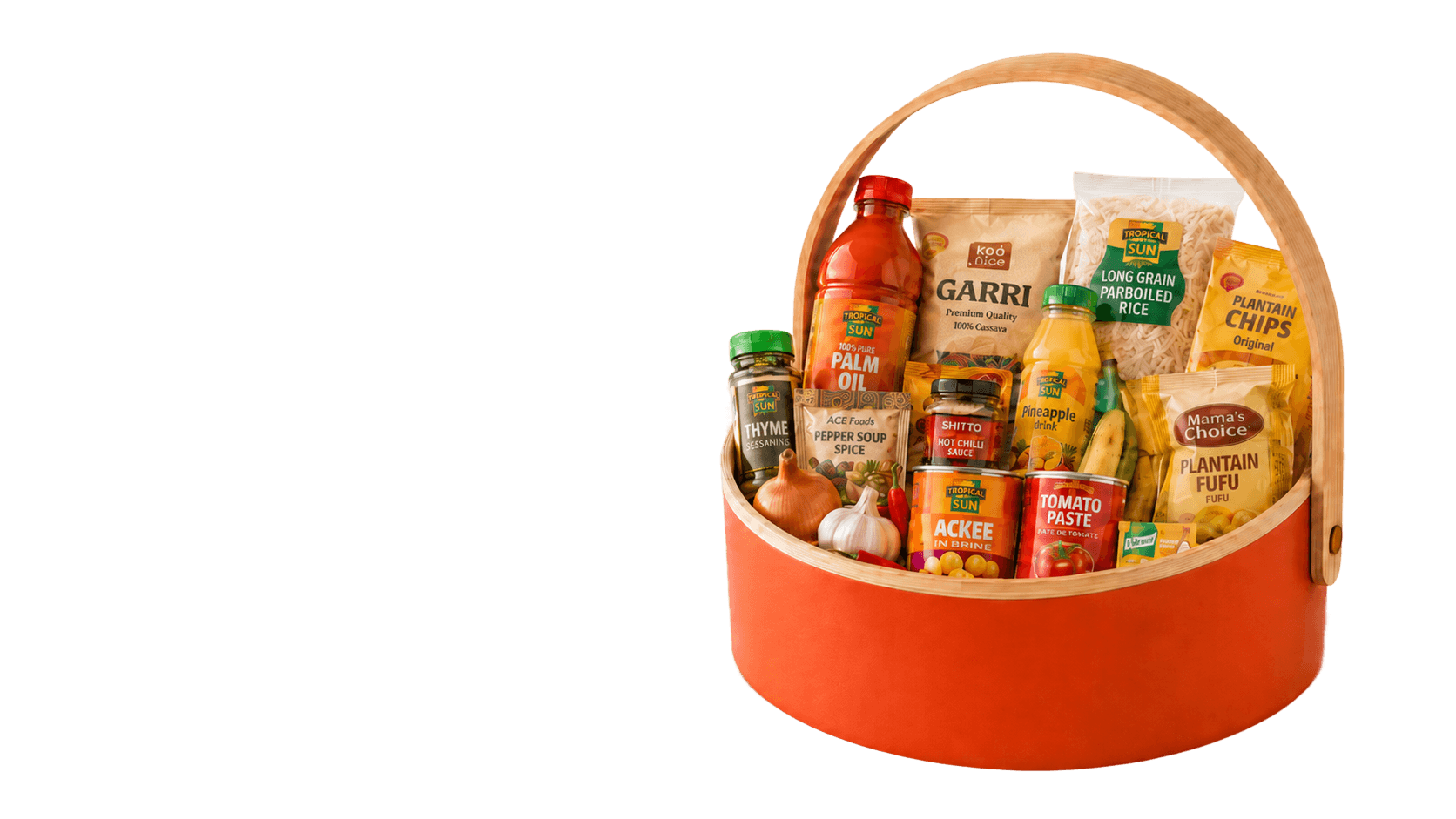 Koko Place grocery basket filled with authentic Afro-Caribbean products